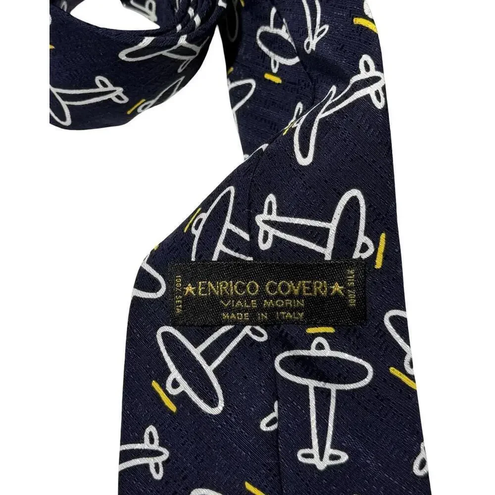 Enrico Coveri Italy Tie – Navy Blue with Airplane Print | Vintage Designer 57”